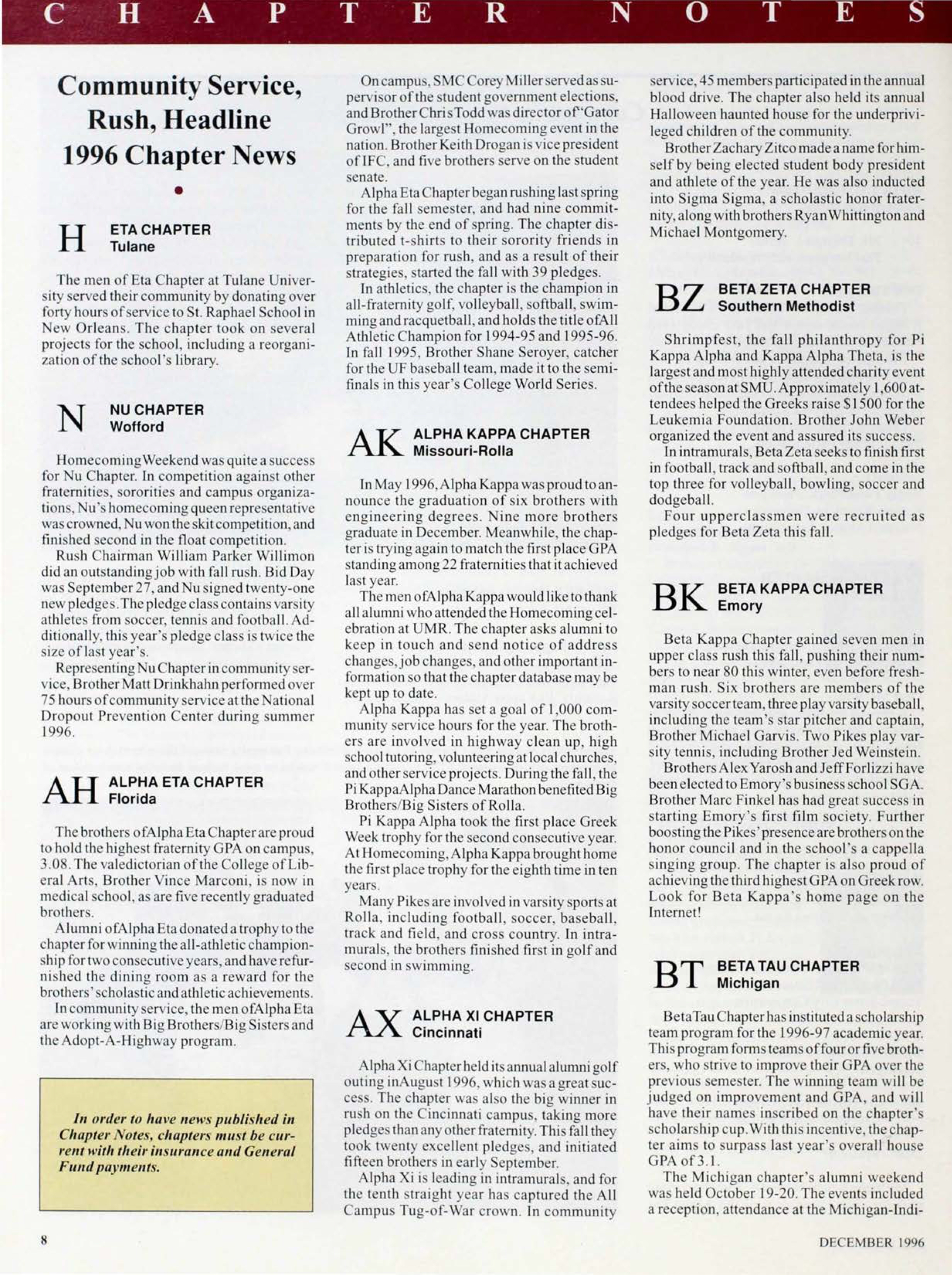 Chapter Notes, December 1996